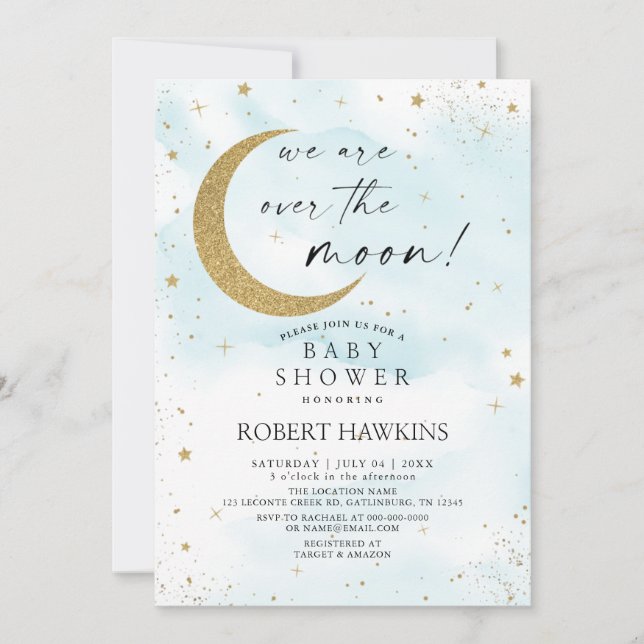 Sur la Lune Blue Gold Boy Baby shower Invitation (Devant)