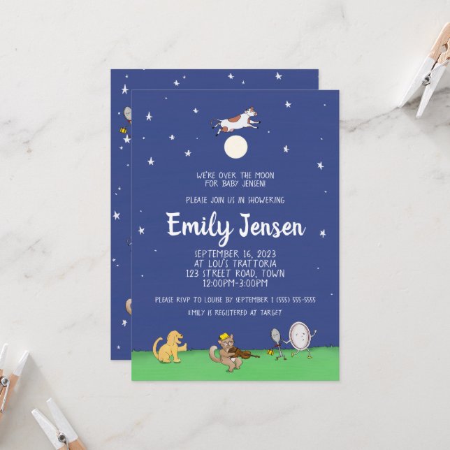 Sur la lune Nursery Rhyme Baby shower Invitation (Devant/Arrière en situation)