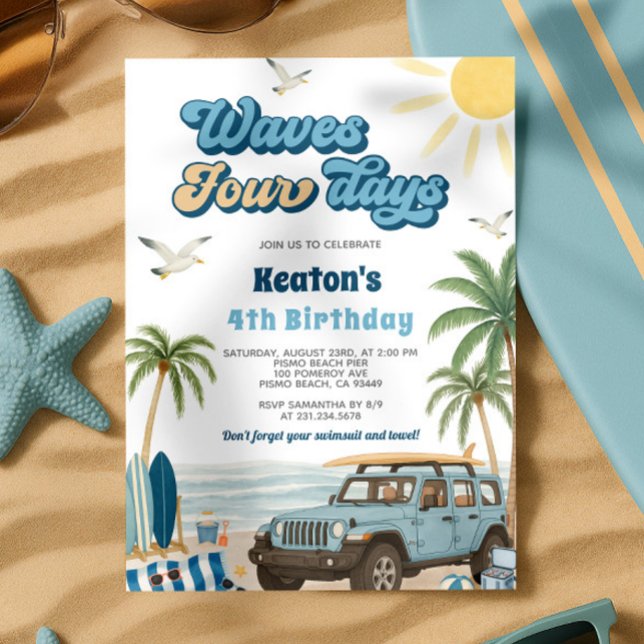 Surf 4e Invitation anniversaire - Vagues Quatre Jo (Surf 4th Birthday Invitation - Waves Four Days)