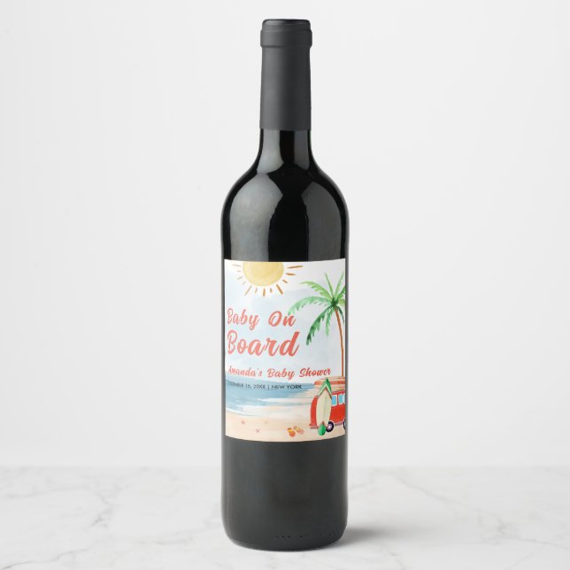 Surf Beach Baby an Bord Babydusche Weinetikett (Vorderseite)