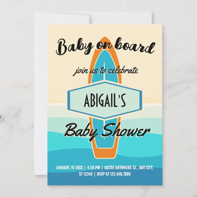 Surf board beach baby shower invitation (Devant)