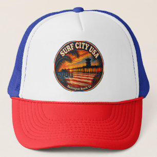 SURF CITY USA Sonnenuntergang & Flagge Truckerkappe