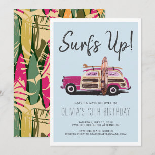 Surf d'été   Invitation vintage voiture rose