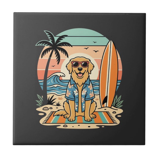 Surf-Hund Retro-Strand Sommer Fliese (Vorderseite)