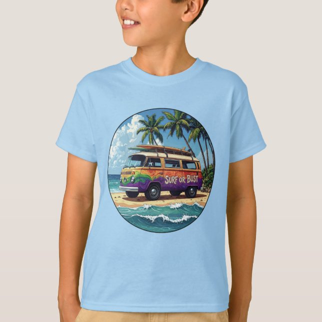 Surf oder Pleite Groovy Retro Hippie Surfer Strand T-Shirt (Vorderseite)