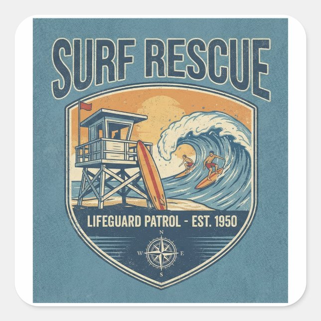 Surf Rescue Lifeguard Patrol Est 1950 Quadratischer Aufkleber (Vorderseite)