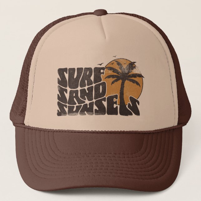 Surf Sand Sunsets Beach Life Palm Tree Truckerkappe (Vorderseite)