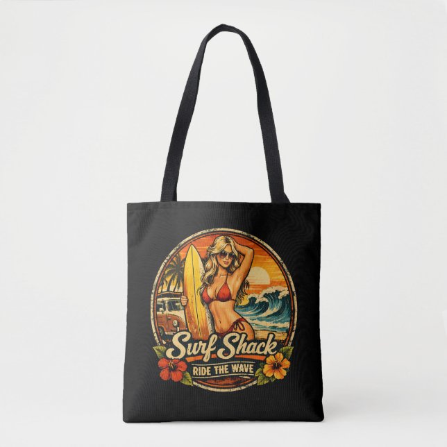 Surf Shack Surfer Pin-Up | Ride The Waves Beach Tasche (Vorderseite)