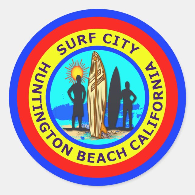 SURF STADT HUNTINGTON STRAND KALIFORNIEN RUNDER AUFKLEBER (Vorderseite)