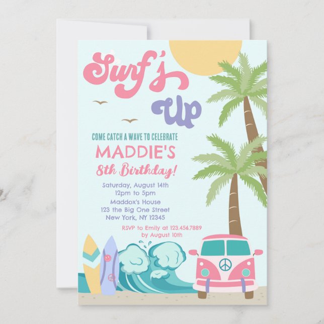 Surf Surf Beach fille Anniversaire Invitation (Devant)