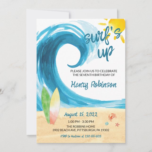 Surf Up Surfer Beach Invitation d'anniversaire (Devant)