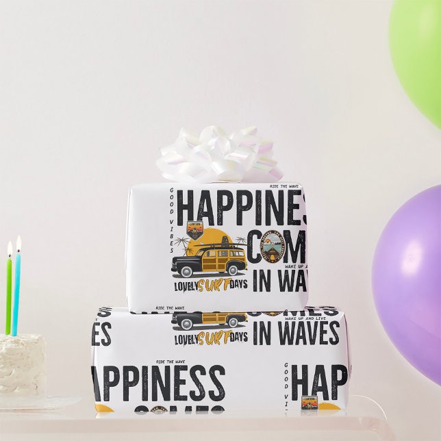 Surf Van Beach Quote Happiness Comes in Waves Geschenkpapier (Von Creator hochgeladen)