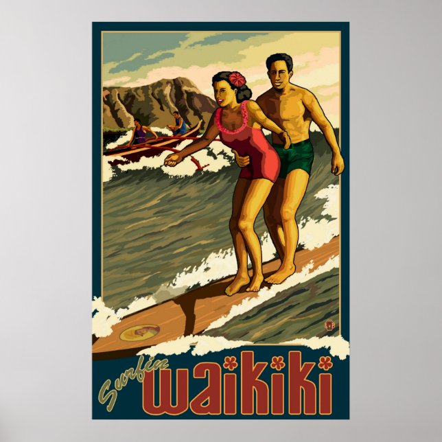 Surf Waikiki - Honolulu, Hawaii Affiche de voyage (Devant)
