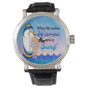 Surfboard Ocean Waves Blue Motivierend Zitat Armbanduhr