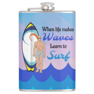 Surfboard Ocean Waves Blue Motivierend Zitat Flachmann
