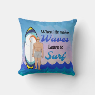 Surfboard Ocean Waves Blue Motivierend Zitat Kissen