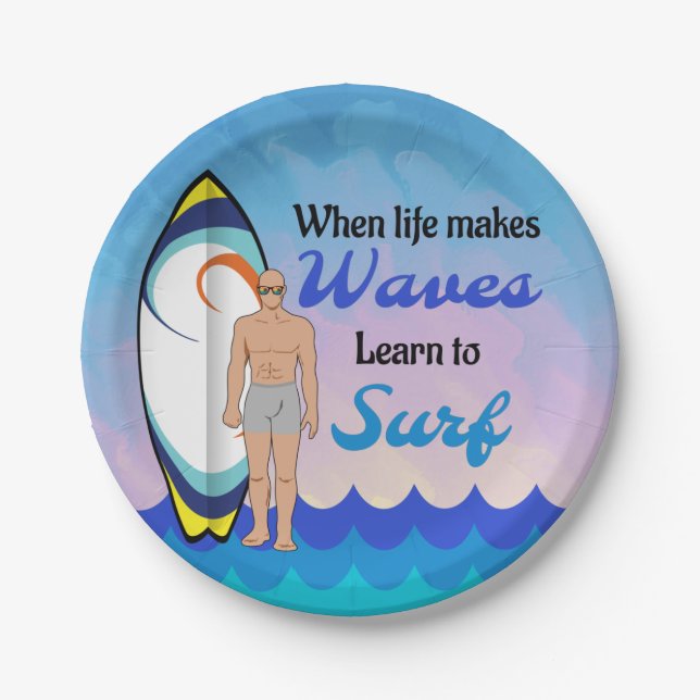 Surfboard Ocean Waves Blue Motivierend Zitat Pappteller (Vorderseite)
