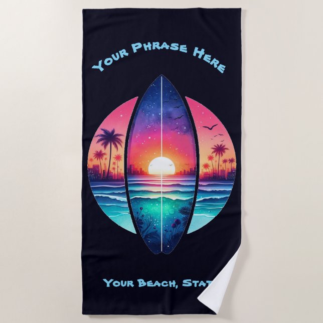 Surfbrett im Sonnenuntergang Strandtuch (Vorderseite)