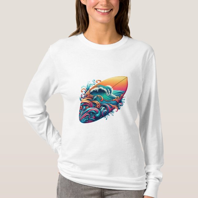 Surfbrett mit Wellen T-Shirt (Vorderseite)