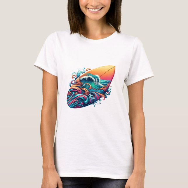 Surfbrett mit Wellen T-Shirt (Vorderseite)