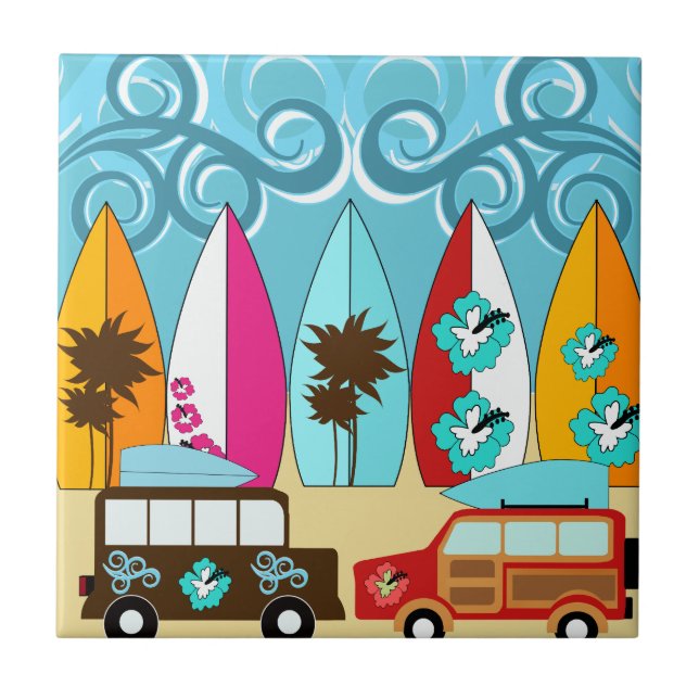 Surfbrett-Strandwertlos surfende Hippie-Packwagen Fliese (Vorderseite)