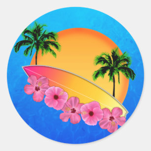 Surfbrett und Hibiskus Blume Runder Aufkleber