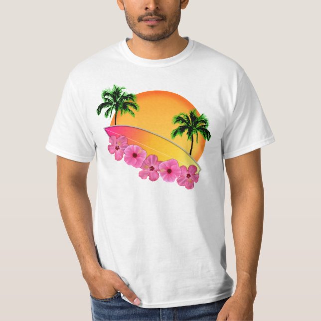 Surfbrett und Hibiskus Blume T-Shirt (Vorderseite)