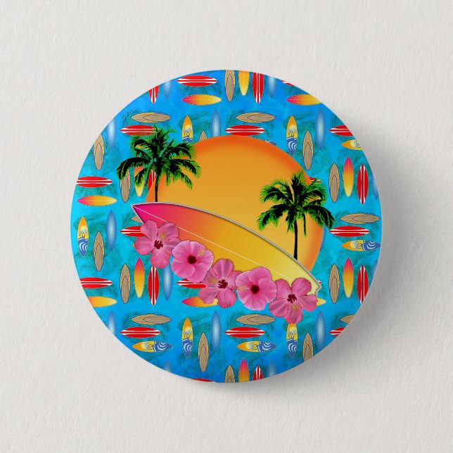 Surfbrett-und Hibiskus-Blumen Button (Vorderseite)