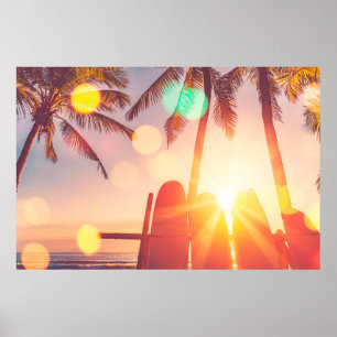 Surfbrett und Palmen auf Strand doppelte Expositio Poster
