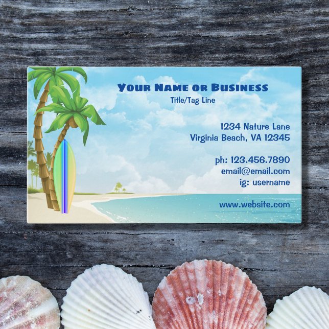 Surfbrett und Palmen Trees Tropical Beach Visitenkarte (Front - Surfboard and Palm Trees Tropical Beach Business Card)