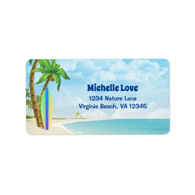 Surfbrett und Strand Tropical Surfadresse Adressaufkleber (Vorne)