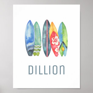 Surfbrett-Wasserfarben-Druck mit individuellem Nam Poster