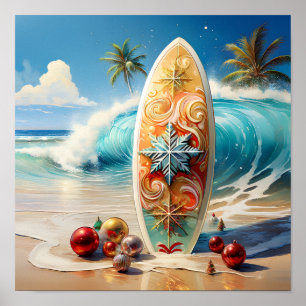 Surfbrett-Weihnachtsdekoration am Strand Poster