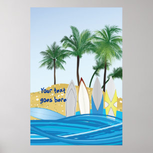 Surfbretter an einem tropischen Strand mit Palmen Poster