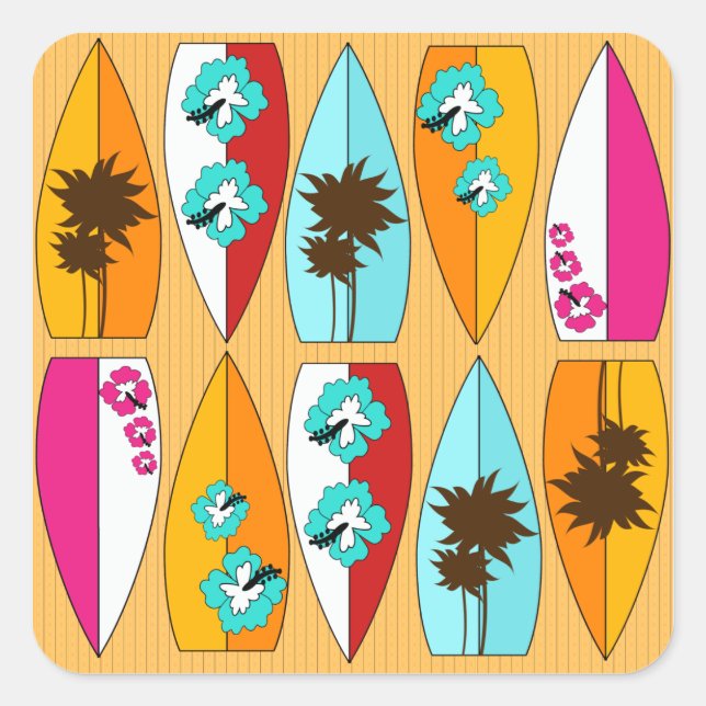 Surfbretter auf dem Boardwalk Summer Beach Thema Quadratischer Aufkleber (Vorderseite)