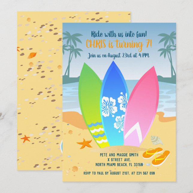 Surfbretter auf dem Kindergeburtstag Beach Party Einladung (Vorne/Hinten)