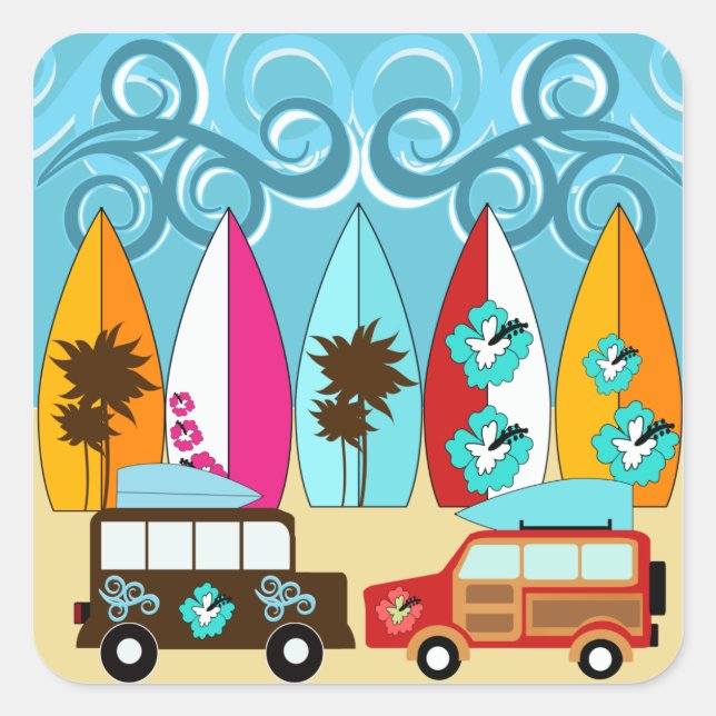 Surfbretter Beach Bum Surfing Hippie Vans Quadratischer Aufkleber (Vorderseite)
