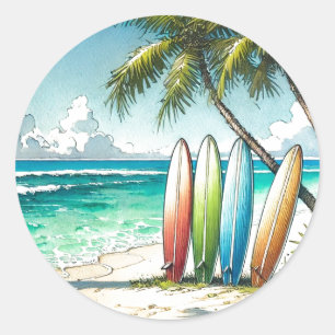 Surfbretter in Strandfarbe und Tinte Runder Aufkleber