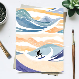 Surfen auf der Welle   Zeitgenössische Wasserfarbe Postkarte