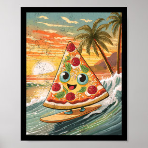 Surfen auf einer Pizzascheibe in tropischem Strand Poster