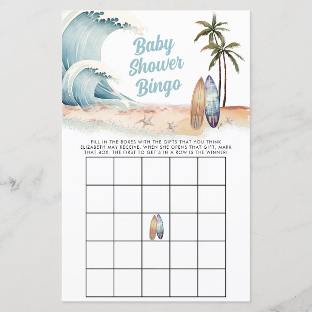 Surfen Beach Summer Baby Dusche Bingo Spiel (Vorderseite)