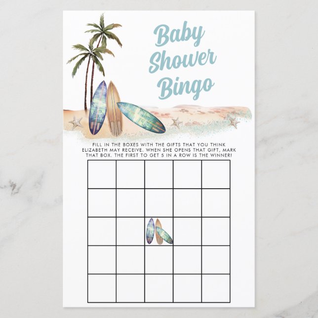 Surfen Beach Summer Baby Dusche Bingo Spiel (Vorderseite)