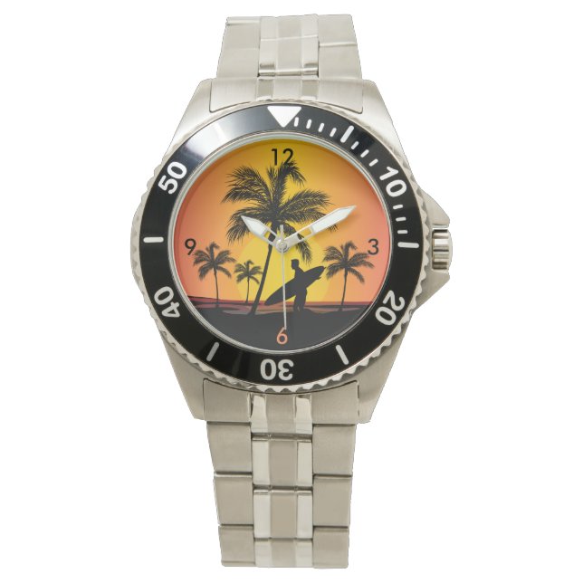Surfen bei Sonnenuntergang Armbanduhr (Vorderseite)