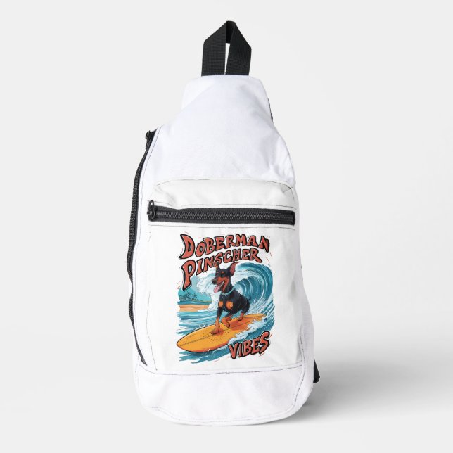 Surfen Doberman Pinscher Riding Tropische Welle Crossbody Bag (Vorderseite)