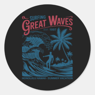 Surfen große Wellen Honolulu Hawaii Sommerferien Runder Aufkleber
