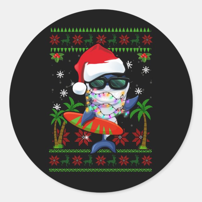 Surfen Hai Weihnachten Ugly Sweater Weihnachtsmann Runder Aufkleber (Vorderseite)