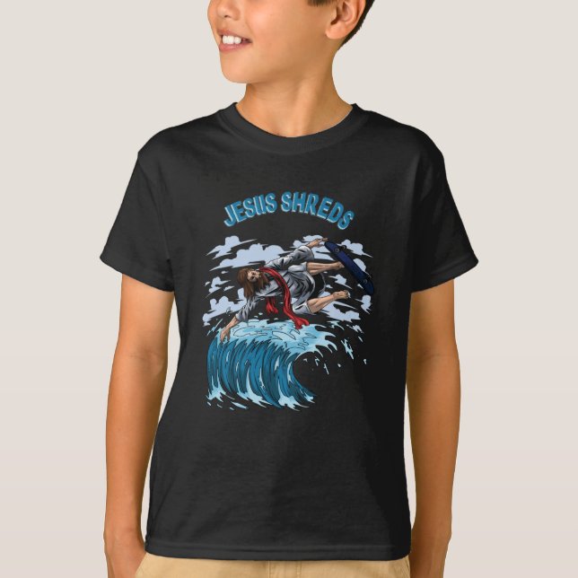 Surfen Jesus Shredder für Surfer Skateboarder T-Shirt (Vorderseite)