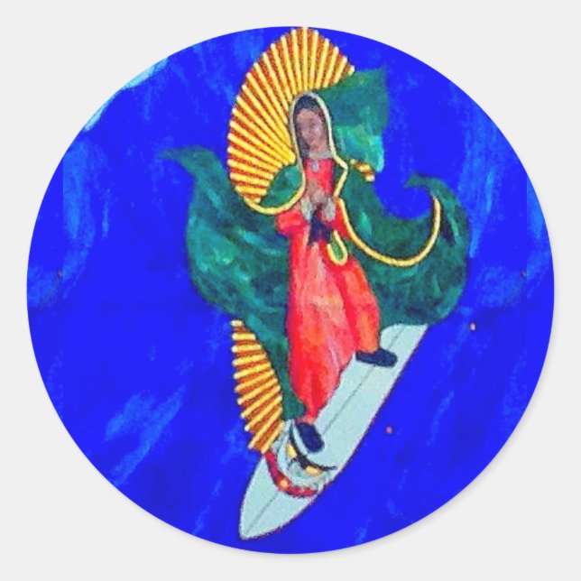 Surfen Nonne Saint auf blauem Wellenaufkleber Runder Aufkleber (Vorderseite)