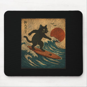 Surfen Schwarze Katze Japanischer Kunststil Distre Mousepad