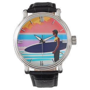 Surfen Stehend am Strand bei Sonnenuntergang Armbanduhr